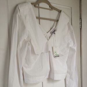 Ganni White Boxy Cropped Sailor Collar Blouse
